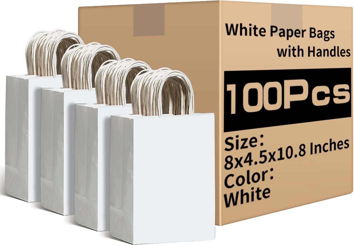 RACETOP White Gift Paper Bags 100 Pack 8x4.5x10.8 in Medium with Handles | Recycled Kraft Paper, Medium Size, Reinforced Handles, for Groceries, Retail, Party Favors, Takeouts, Eco-Friendly RACETOP White Gift Paper Bags 100 Pack 8x4.5x10.8 in Medium with Handles | Recycled Kraft Paper, Medium Size, Reinforced Handles, for Groceries, Retail, Party Favors, Takeouts, Eco-Friendly - Image 1